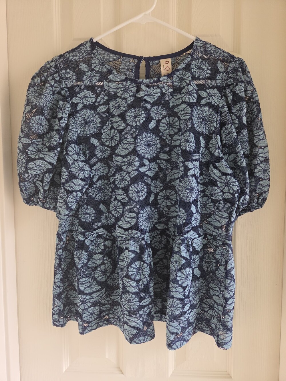 Dolan Anthropologie Blue Lace Floral Peplum Blouse Puff Sleeve Top Size M